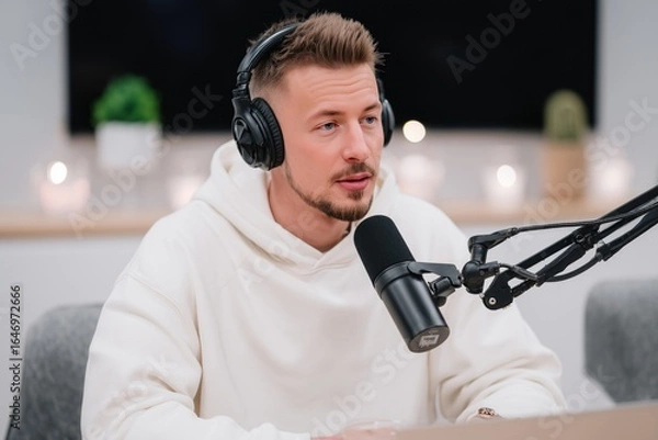 Fototapeta Engaging conversation during a podcast recording in a modern studio setting with a man wearing headphones