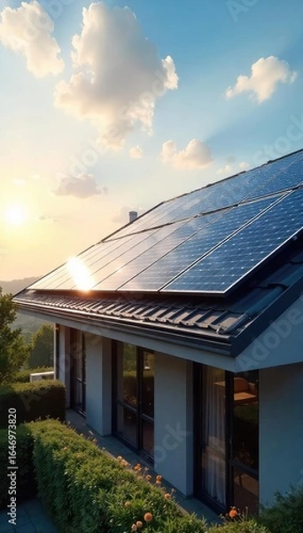 Obraz Sustainable Solar Integration Modern Building Rooftop with High-Efficiency Panels Capturing and Storing Solar Energy for Clean Power