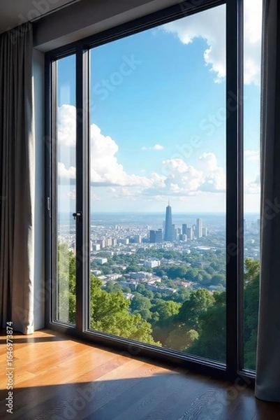Obraz High-angle shot of a large window offering a breathtaking panoramic view of a cityscape, clouds, and distant landscape Ideal for architecture, travel, and real estate projects , high angle, light