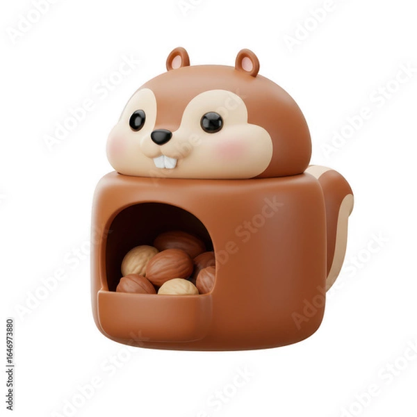Fototapeta Cute Cartoon Squirrel Container Filled With Walnuts isolated on Transparent Background