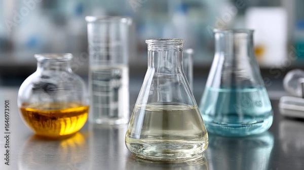 Fototapeta Various laboratory beakers with colorful liquids on a table.