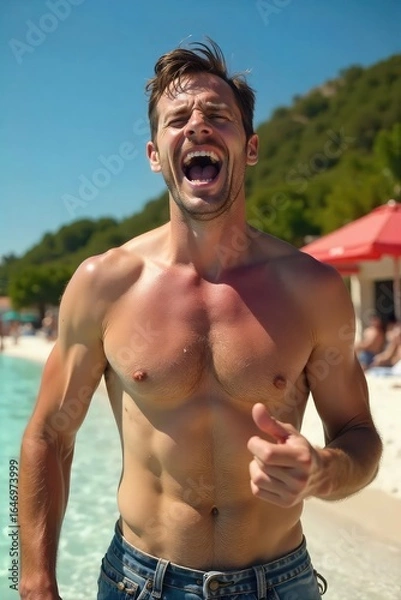 Obraz Hilarious Bare-Chested Man Engaged in Funny Summer Activity, Perfect for Comedy Memes and Projects