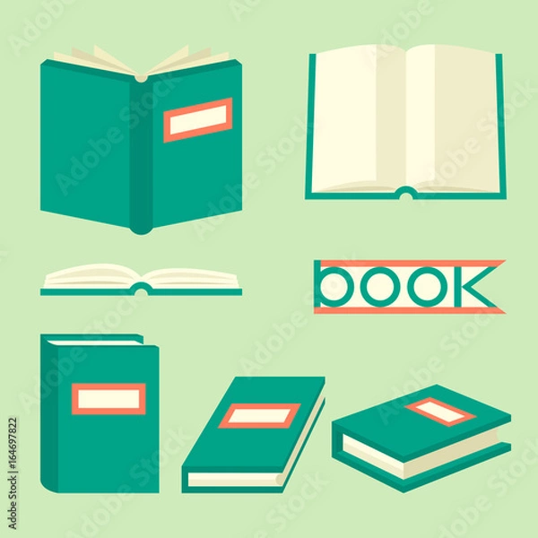 Fototapeta Book isometric signs and symbols. Education concept in flat style with different books. Book set in flat design style. Open graphic book for reading. Students book. Vector illustration