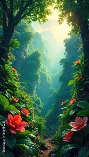 Obraz Untouched Rainforest Paradise Lush Jungle Foliage Bathed in Vibrant Sunlight