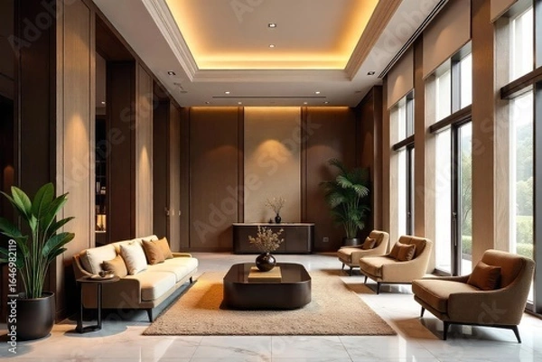 Obraz Luxurious hotel lobby interior with plush seating, elegant lighting, and marble flooring Perfect for hospitality, design, and architecture websites , marble, rich, comfort