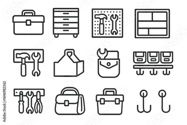 Fototapeta Tool Storage Icons. Line style icons of tool storage and organization: toolbox icon, tool cabinet, pegboard panel, drawer