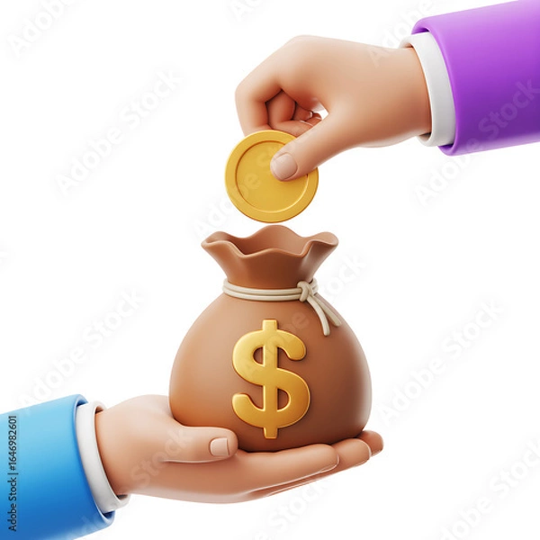 Fototapeta 3d rendering of hands exchanging money, a coin going into a money bag with dollar sign, isolated on white background