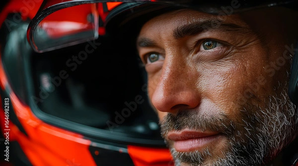Obraz Intense focus of a race car driver before the competition, determined and ready to win