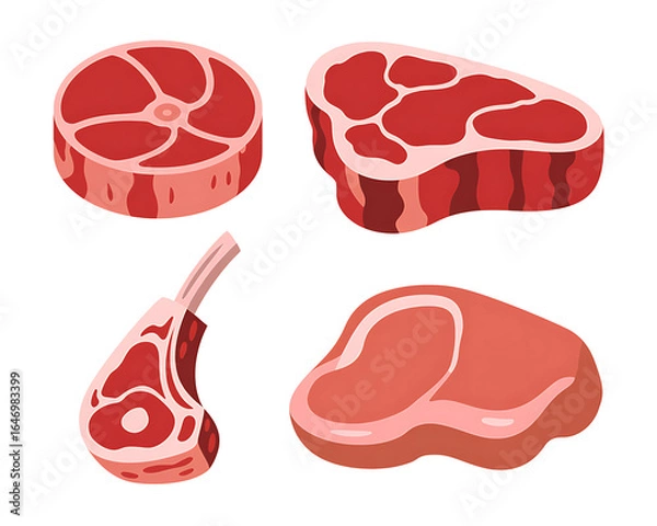 Fototapeta Assortment of raw meat cuts including steak and chop isolated on transparent background
