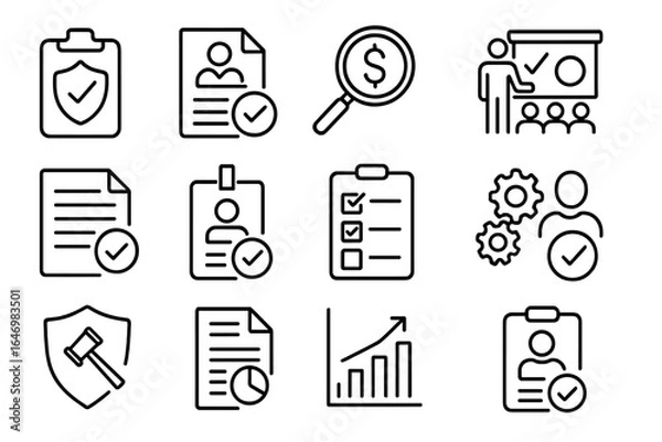 Fototapeta HR Audit Icons. Line style icons of HR audit and assessment: compliance audit icon, employee file check, salary audit icon,