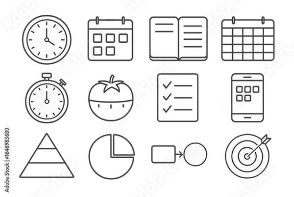 Fototapeta Time Management Icons. Line style icons of time management essentials: wall clock icon, calendar block, daily planner, weekly view
