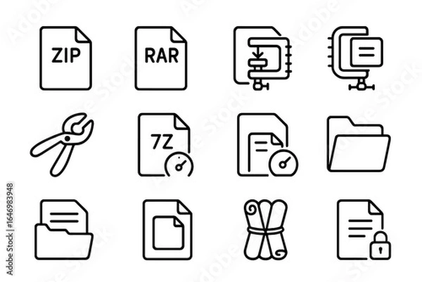 Fototapeta Archive Icons Collection. Line style icons of archive and compression: zip file icon, rar file icon, compress file icon,