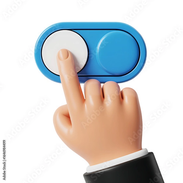 Fototapeta 3d illustration of a hand pressing a blue toggle switch isolated on transparent background