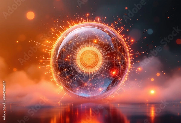 Fototapeta Glowing Sphere with Orange Network and Light Beams Futuristic Background