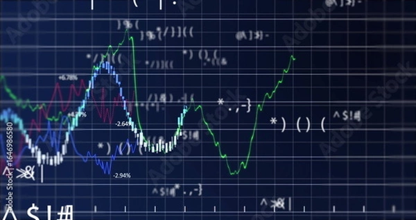 Fototapeta Displaying multi-line chart shifting on digital display, with colored candlesticks and symbols
