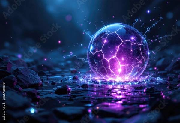 Obraz Glowing Purple Energy Ball with Cracks on Dark Rock Landscape
