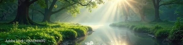 Obraz Tranquil Misty Bog Landscape Sunlight Illuminates Vibrant Green Flora and Glistening Water in a Peaceful Untouched Nature Scene