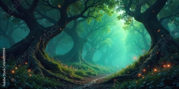 Obraz Enchanted Woodland Ethereal Light Bathes Twisted Trees and Glowing Flora in a Surreal Forest Scene, Perfect for Fantasy and Fairytale Projects