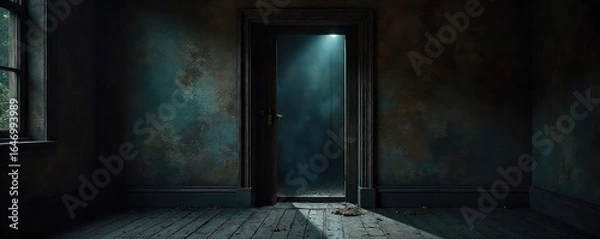 Obraz Mysterious interior concealed behind a closed, dark wooden door, hinting at secrets and hidden spaces within The aged wood adds to the sense of mystery and intrigue , paneling, unseen