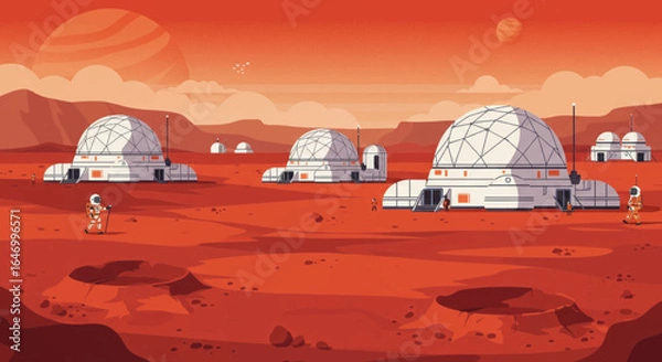 Fototapeta Astronauts explore Mars colony with domed habitats