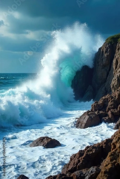 Obraz Powerful ocean waves crashing against a rocky shore, creating a dramatic display of nature's raw power The spray and foam are visible, highlighting the force of the water , cliffs, beach