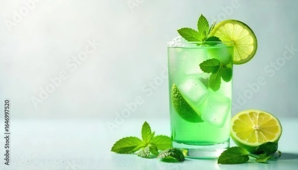 Obraz Refreshing mint summer drink with ice cubes and fresh mint sprigs, garnished with lime Perfect for hot weather refreshment , drink, mocktail, mint leaves