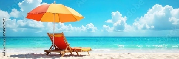 Obraz Relaxing beach scene with a vibrant umbrella providing shade over a comfortable beach chair, perfect for a sunny day at the seaside , vacation, blue
