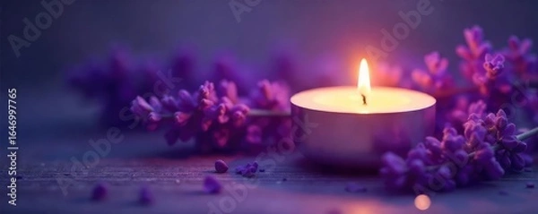 Obraz Relaxing lavender candlelight illuminates a tranquil scene, casting a soft purple glow on smooth surfaces Perfect for spa, aromatherapy, or wellness themes , soft light, close-up