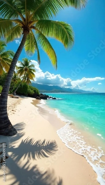 Obraz Relaxing on a sun-drenched beach in Hawaii, turquoise water laps gently at the shore, palm trees sway in the warm breeze Perfect island escape , paradise, clouds