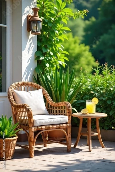 Obraz Relaxing summer scene featuring a wicker chair and side table on a sun-drenched patio, complete with vibrant green plants and refreshing lemonade , refreshment, warm colors, carefree