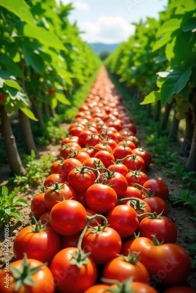 Obraz Ripe Red Tomatoes Abundantly Growing in a Sunny Summer Field, Lush Green Foliage, Picturesque Harvest Scene Ready for Picking
