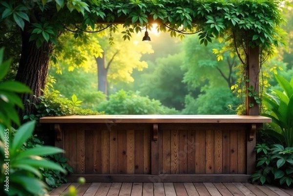Obraz Rustic wooden bar counter nestled amidst lush greenery, sunlight dappling through leaves Perfect for rustic, nature, or eco-themed projects , woodland, rustic