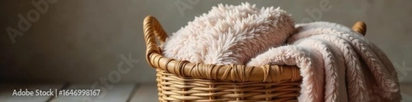 Obraz Cozy Woven Basket Overflowing with Soft Blankets in a Rustic Loft Apartment, Perfect for Home Decor and Storage