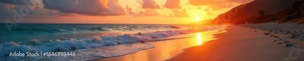 Obraz Serene Sunset on Sandy Coastal Beach Golden Light, Tranquil Ocean Waves, Peaceful Idyllic Atmosphere, Perfect for Travel and Vacation Projects