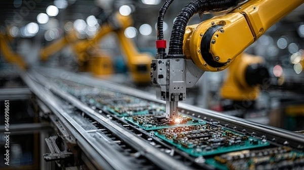 Fototapeta Automated robotic arm placing components on circuit boards in a production line.