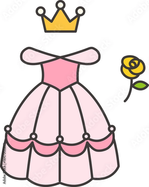 Obraz Vector illustration of a pink princess ball gown with a golden crown and a yellow rose. Cute and simple flat design style, perfect for children’s books, greeting cards, stickers, and digital products.