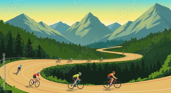 Obraz Cyclists racing on a winding mountain road