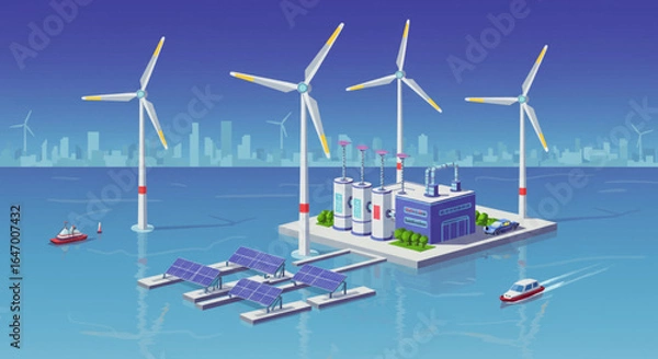 Fototapeta Floating Renewable Energy Farm with Wind Turbines and Solar Panels
