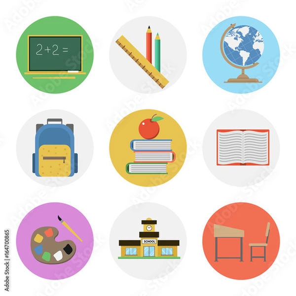 Obraz Nine color flat icon set - School