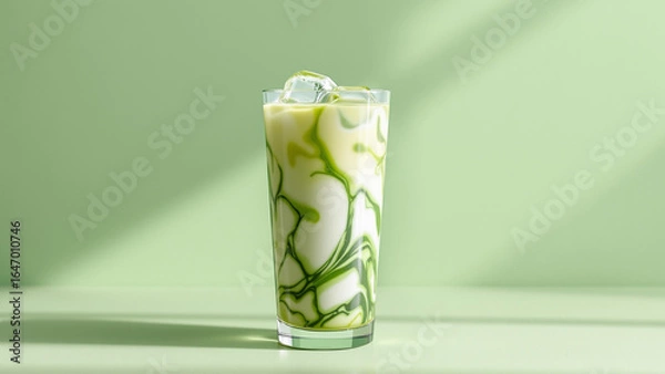 Fototapeta Refreshing Iced Matcha Latte in Minimal Glass with Condensation, Premium Photorealistic Beverage Photography.