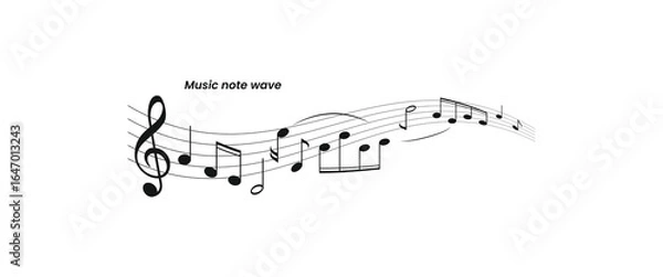 Fototapeta Dynamic vector of musical notes forming a wave. Treble clef, notes, and flowing staff. Perfect for music-related projects, posters, and invitations. Isolated on white