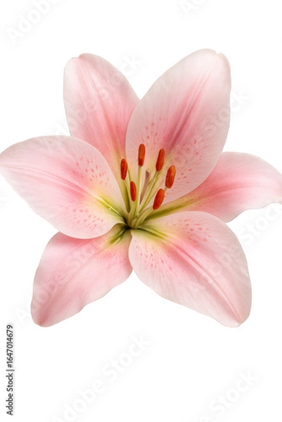 Obraz Photo of a delicate pink lily flower with visible stamens and pistil, showcasing its intricate details and soft petals, isolated on a clean transparent background for versatile design use