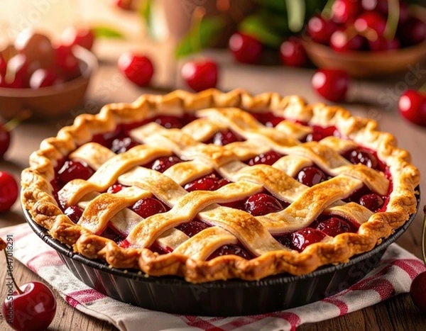 Obraz Freshly baked cherry pie with lattice crust and ripe cherries on rustic table