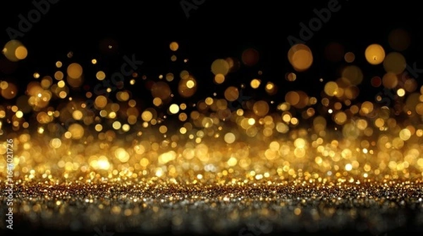 Fototapeta Golden glitter bokeh background with glowing light effects.