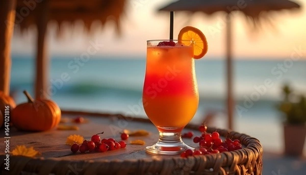 Fototapeta "Mixed Fruit Juice Drink in Beach Bar with Ocean View"