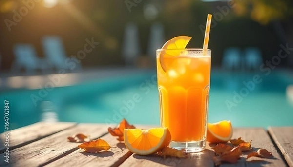 Fototapeta "Fresh Orange Juice Glass by the Pool on Summer Vacation"