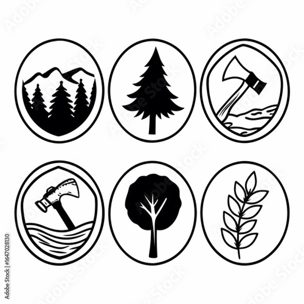 Fototapeta Illustration of tree, mountain and axe in circle isolated on white background