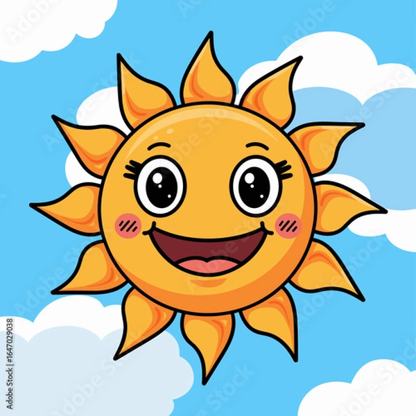 Obraz Cheerful kawaii sun with smiling friends and clouds in a blue sky