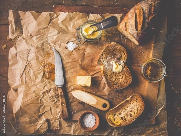 Fototapeta Rustic scene of toasted bread with butter, knife, salt and honey. AI-generated.