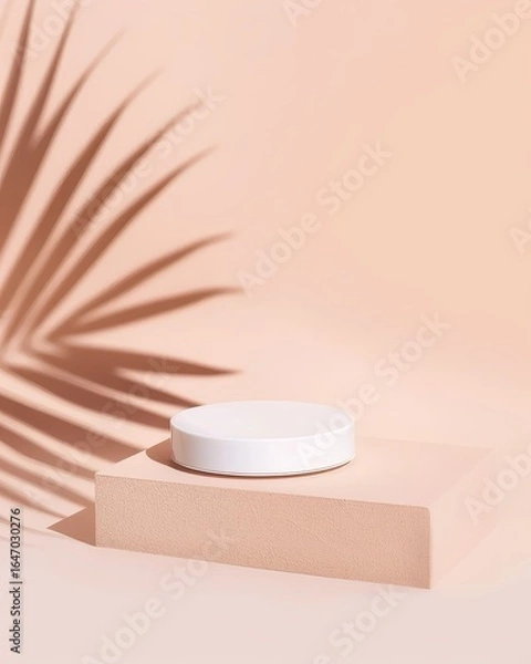 Fototapeta Minimal cosmetic jar on beige podium with palm leaf shadow. AI-generated.